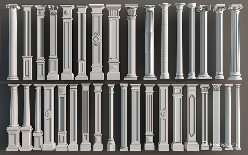 Various Decorative Architectural Columns Featuring Classical Modern And Ornate Designs 3d model 