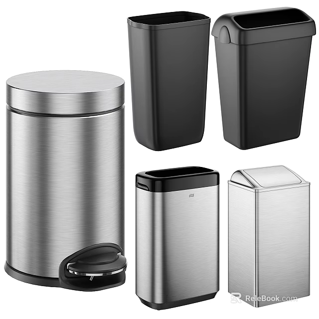 Stainless Steel Public Facility Trash Cans With Different Designs And Lids 3d model 