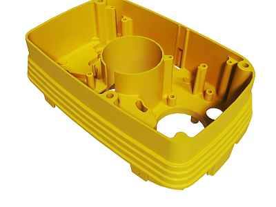 Industrial Yellow Mechanical Housing Component With Ribbed Design And Mounting Holes 3d model
