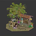 Cartoon Scene Featuring Small Cabin Red Tile Roof Stone Tower Bench String Lights Green Tree