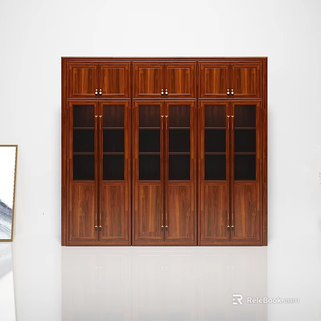 Modern Dark Brown Solid Wood Bookcase With Glass Panel Doors And Metal Handles 3d model 
