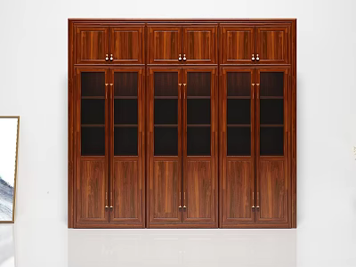 Modern Dark Brown Solid Wood Bookcase With Glass Panel Doors And Metal Handles 3d model