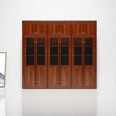 Modern Dark Brown Solid Wood Bookcase With Glass Panel Doors And Metal Handles 3d model