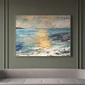 Abstract Painting Seascape With Golden Light Waves On Dark Green Wall Above Gray Sofa