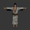 Man With Black Topknot Hairstyle Wearing Kimono Arms Outstretched Against Gray Background In Geta Sandals