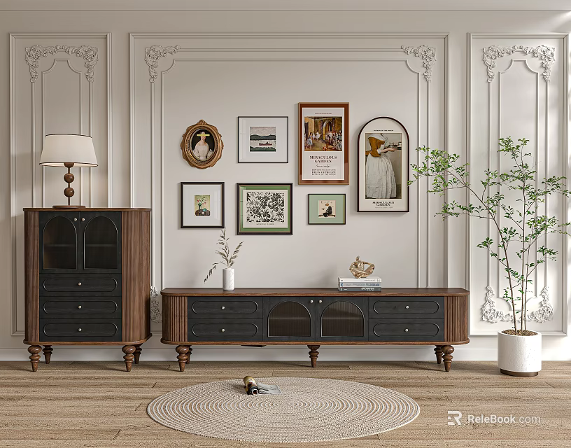 Vintage Wooden TV Stand With Decorative Wall Frames Potted Plant And Round Rug 3d model 