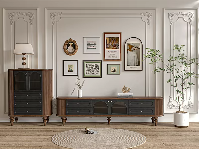 Vintage Wooden TV Stand With Decorative Wall Frames Potted Plant And Round Rug 3d model
