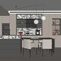 Modern Restaurant Interior With Marble Countertop Black Cabinets White Chairs And Round Pendant Lights