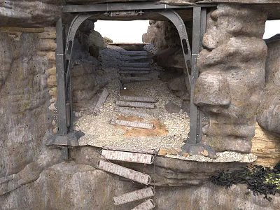 Ruined Stone Structure Interior With Metal Archway Broken Steps And Gravel Ground 3d model
