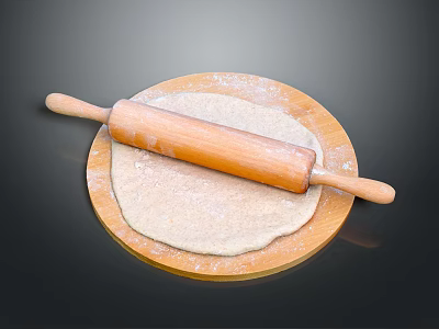 Wooden Rolling Pin on Round Board with Flour and Rolled Dough 3d model