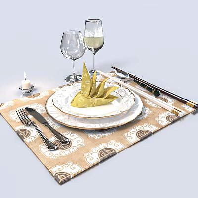 Elegant Dinnerware Set with Folded Napkin Plates Cutlery Chopsticks Wine Glasses Candle on Patterned Placemat 3d model