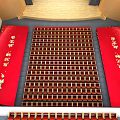 Large Tiered Conference Room With Red Seats And Red Banners On Sides