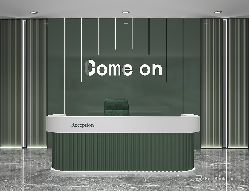 Modern Reception Area With Green Chair Stylish Desk And Elegant Background Wall Design 3d model 