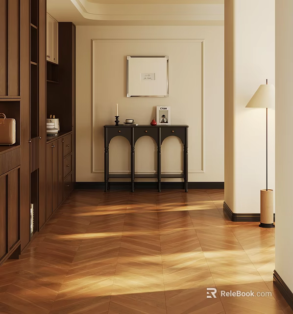 Elegant Foyer Hallway With Dark Wooden Cabinet Herringbone Floor Console Table And Framed 3d model 