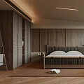 Sleek Modern Bedroom With Wooden Walls Large Bed Rug Chair Hanging Lamp And Blinds