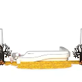 Autumn Decorative Scene With White Bench Black Trees Pumpkin Ornaments And Yellow Straw