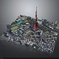 Modern Urban Buildings Surrounding Tokyo Tower In Detailed Miniature City Model
