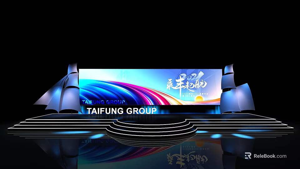 TAIFUNG GROUP Future Sailing Stage Photo Check-in Spot With Colorful Wave Background And Sailboat Decorations 3d model 