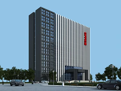 Modern Tall Office Building With Striped Exterior Red Logo And Urban Trees Cars 3d model