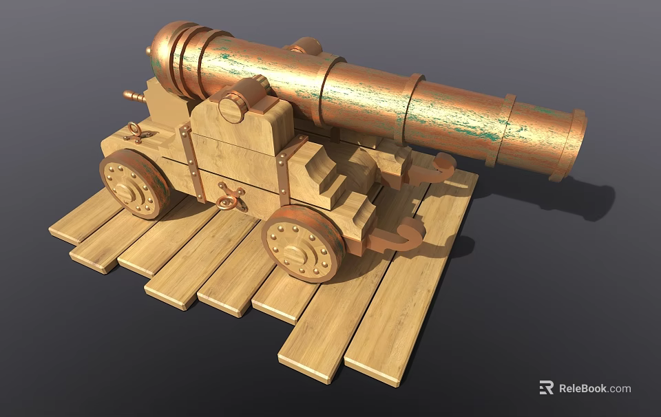 Electric Toy Cannon With Brass Colored Body Wooden Base And Rolling Wheels 3d model 
