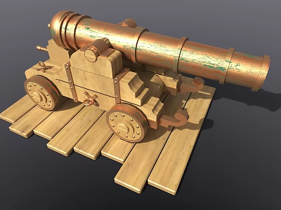 Electric Toy Cannon With Brass Colored Body Wooden Base And Rolling Wheels 3d model