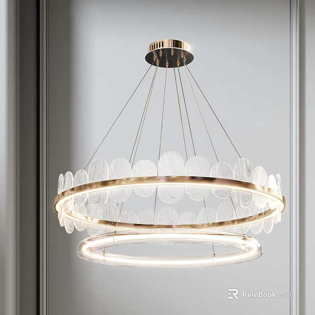 Modern Golden Chandelier With Transparent Circular Discs And Double Layer Ring Design 3d model