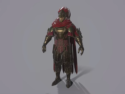 Armored Warrior Character In Intricate Armor With Red Cape And Detailed Helmet Design 3d model