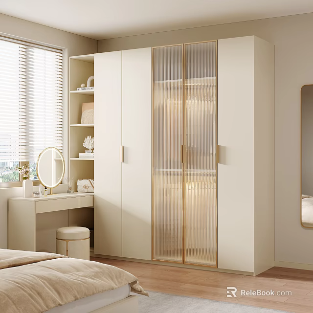 Modern Cloakroom Interior With White Cabinets Glass Doors Dressing Table And Natural Light 3d model