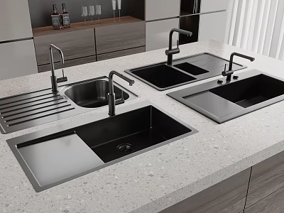 Modern Black Kitchen Sinks With Faucets On Countertop And Cabinets 3d model