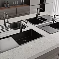 Modern Black Kitchen Sinks With Faucets On Countertop And Cabinets