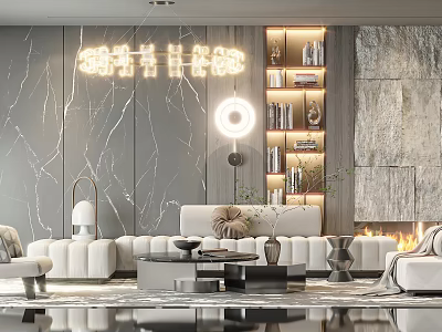 Modern White Sofa Coffee Table Combination With Marble Texture Walls Bookshelves Circular Lighting 3d model