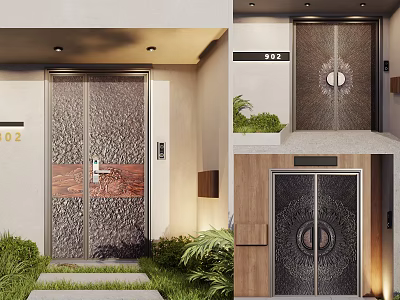 Textured Metal Front Entrance Door With Circular Design Green Plants And House Number 3d model