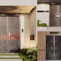 Textured Metal Front Entrance Door With Circular Design Green Plants And House Number