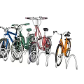 Colorful Bicycles Parked on White Wavy Bike Racks in White Background