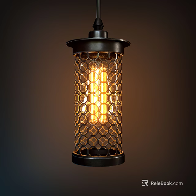 Industrial Style Pendant Light With Black Metal Mesh Shade And Warm Yellow Glow 3d model 