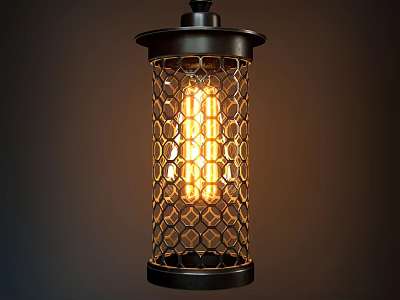 Industrial Style Pendant Light With Black Metal Mesh Shade And Warm Yellow Glow 3d model