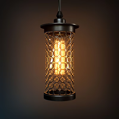Industrial Style Pendant Light With Black Metal Mesh Shade And Warm Yellow Glow 3d model