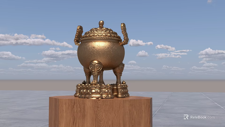 Decorative Golden Tripod Censer On Wooden Pedestal Against Blue Sky With White Clouds 3d model 