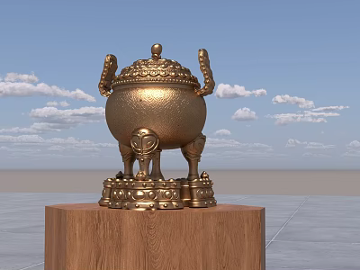 Decorative Golden Tripod Censer On Wooden Pedestal Against Blue Sky With White Clouds 3d model