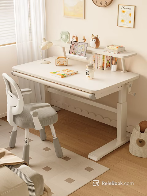 Adjustable Kids Study Desk and Chair Set with Ergonomic Design Lamp Books and Stationery 3d model 