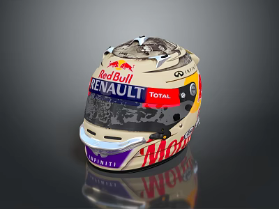 Professional Racing Helmet With Red Bull Renault Total Monster Logos And Colorful Design 3d model
