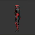 Game Movie Character Wearing Red Black Armor With Blue Accents And Dual Swords