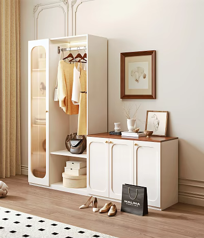 Minimalist White Wardrobe With Glass Door Hanging Clothes And Wooden Cabinet Decorative Items 3d model