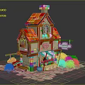 Cartoon House Scene With Red Roof Bakery Sign Green Plants Stone Path And Awning