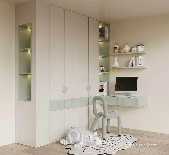 Modern Light Colored Wardrobe Interior With Desk Computer And Decorative Shelves 3d model