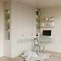 Modern Light Colored Wardrobe Interior With Desk Computer And Decorative Shelves 3d model