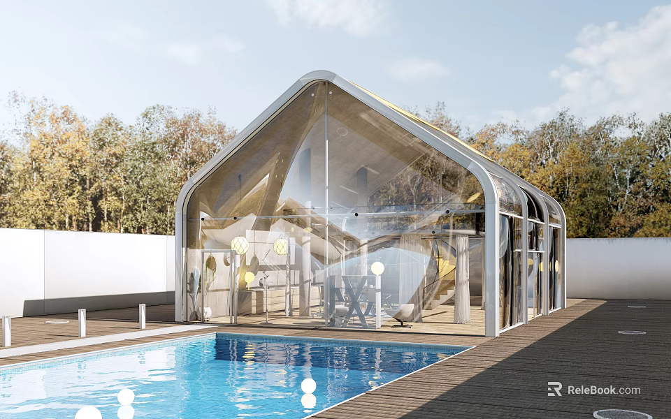 Modern Glass Sunroom With Transparent Walls Pool And Garden Seating Area 3d model 