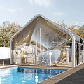 Modern Glass Sunroom With Transparent Walls Pool And Garden Seating Area