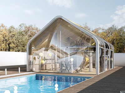 Modern Glass Sunroom With Transparent Walls Pool And Garden Seating Area 3d model