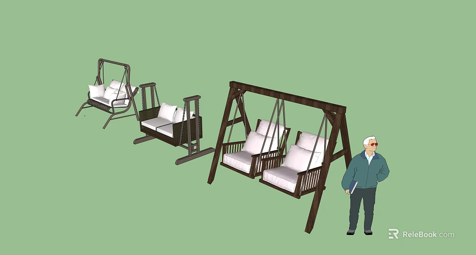 Outdoor Wooden Frame Swing Chairs With White Cushions And Various Designs 3d model 